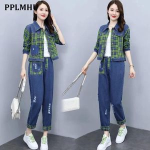 Dwuczęściowe spodnie damskie Plaid Casual Denim Tracksuit Streetwear Crop Kurt jean i garnitur haremowy Stawiaj kobiety