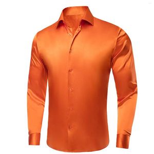 Men's Dress Shirts Hi-Tie Orange Plain Silk Mens Lapel Long Sleeve Shirt Soft Blouse For Male Formal Casual Wedding Business Oversized