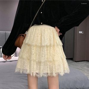 Röcke TingYiLi Frühling Sommer geschichteter Spitzenrock für Frau koreanischer Stil süßer beige schwarzer kurzer Mini mit Shorts