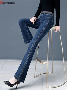 Vintage hög midja flare jeans vår denim byxor trycker pantalones femme stor storlek 75 kg stretch vaqueros casual mager slang 240123
