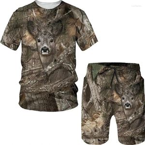 Herrspårar Wild Animal Camouflage Hunting T-shirt Set 3d Summer Tee Shorts Suit Fashion Casual Round Neck Short Sleeve Sports