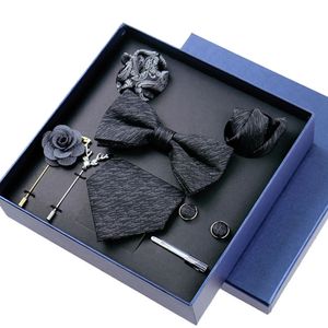Набор из 8 предметов, деловые синие галстуки для мужчин, броши с цветочным принтом, запонки, зажимы для галстука, галстук-бабочка, свадебные аксессуары, подарочная коробка, набор 240124