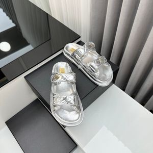 SS24 Black White Gold and Silver Leather Luxury Daddy Beach Sandals Women's Slipper Men Slides Leather Sandal Womens Hook Loop Casual Shoes 35-42 Dust Bag 413