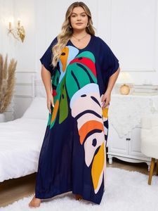 Plus Size Bohemian Black Plant Printed Kaftan Dress 2024 Summer Clothing Women Sundress Beach Wear Maxi Dresses Q1476 240202