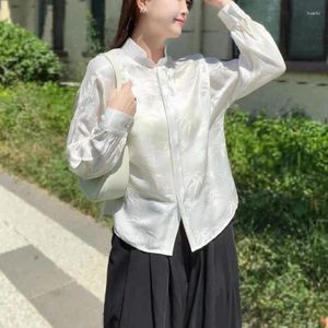 Kadın Bluzları 2024 Ladies Çin tarzı taç paketi gevşek raglan kol bambu yaprağı koyu desen jacquard ipek gömlek