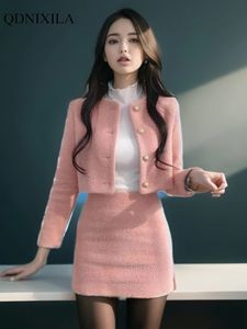 韓国のファッションで女性用の2ピーススカート服のためのカジュアルな甘いシックなエレガントなツイード女性マッチングドレスセット240129