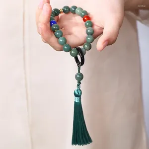 Filo dal design originale di braccialetto con radice di Bodhi in pelle verde Yin naturale con perline di Buddha vintage, braccialetto per studenti con nappa portatile