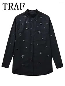 Bluzki damskie Traf 2024 Długa koszula Kobieta Black Button Up koszule dla kobiet oversize i rękawów