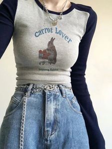 Retro karikatür tshirt patchwork uzun kollu üst kadın moda yuvarlak boyun ince tees bayanlar yaz mektubu baskı 240202