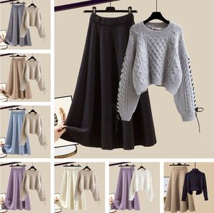 Autumn Winter Women's Sticked Sweater Half kjol Set casual Loose High Neck Jumper Wide-Bent Trousers Half kjol 2st Matching Set Track Suit