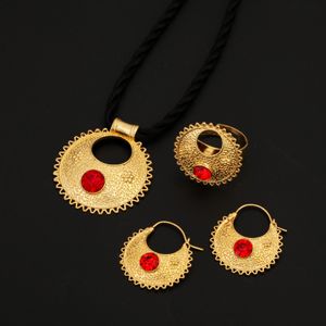 Blue Red Green Stone Ethiopian Pendant Necklaces Earrings Ring Gold Color Africa Bride Wedding Jewelry Set 240122