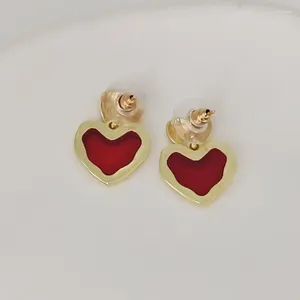 Stud Earrings Trendy Sweet Burgundy Enamel Heart For Women Girl Gold Color Metal Love Hanging Dangle Vintage Jewelry