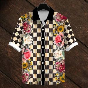 メンズカジュアルシャツ花柄の格子縞のプリントハワイアンのためのハワイアンチェックシャツバレンタインデー半袖特大のトップ