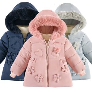 Flowers Autumn Winter Girls Jacket Fur Collar Keep Warm Hooded Zipper Baby Outerwear Coat for 2 3 4 Years Kids Clothes 240202