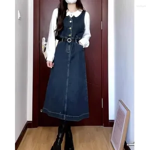 Arbetsklänningar kvinnor vårhöst denim väst klänning skjortor 1 eller 2 bit set 2024 koreansk preppy stil lady slim ärmlös klänning blus