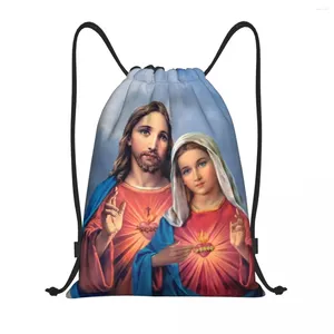 Alışveriş Çantaları Kutsal ve Tertemiz Kalpler Çizme Sırt Çantası Spor Salonu Çantası Erkekler Kadın Katolik İsa Mary Eğitim Sackpack