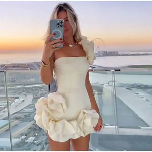 Elegant Short Floral Party Dresses One Shoulder Ruffles Mini Length Women Maxi Prom Dress Female Evening Dress Stretchy 240125