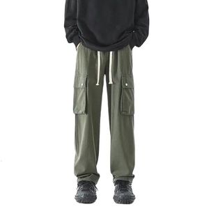 Soft Cotton Ami Khaki Cargo Men Pants Casual Wide Pants Men's Multi-Pocket Elastic Drawstring Straight Leg Pants 240124