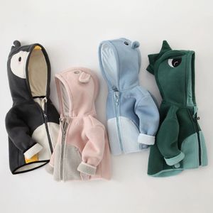 Winter Baby Boys Fleece Hooded Jackets for Kids Cartoon Dinosuar Coats Autumn Girls Plus Velvet Zipper Outerwear Jacket 240202