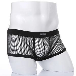 Sexy mens boxers shorts baixo aumento homem sexo roupa interior lingerie tronco malha transparente ver através de cuecas eróticas preto branco 240124