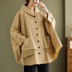 Jaquetas femininas 2024 outono mulheres com capuz trench coat algodão cor sólida manga comprida bolso solto casacos casuais oversized preto cáqui outwear