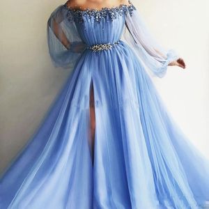 2024 Sexy Evening Dresses Wear Off Shoulder Light Sky Blue Lace Appliques Crystal Beads Tulle Long Sleeves Floor Length Ball Gown Side Split Prom Gowns Evening Gowns