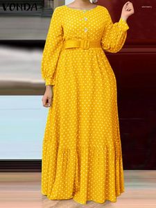 Casual Dresses 2024 Vonda Elegant Polka Dot Bohemian Dress Women Ruffled Evening Party Sundress Belted Long Sleeve Buttons Maxi Robe