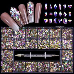 Luxus-Glanz-Diamant-Nagelkunst-Strasssteine, Kristall-Dekorationsset, AB-Glas, 1 Pick-up-Stift in Gitterbox, 21-Form, ca. 3100 Stück, 240122