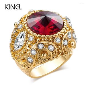 Cluster Rings Kinel Luxury Charm Red Ring Gold Color Inlay Austrian Crystal Engagement For Women Promise Christmas Gift 2024