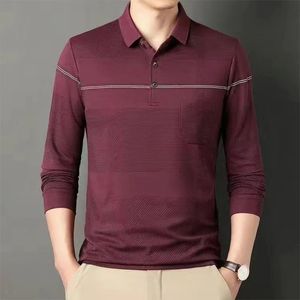 Moda Uomo Manica Lunga in Cotone a Righe Polo Camicia Primavera Autunno Abbigliamento Maschile Tasche Allentato Business Casual Streetwear Top 240123