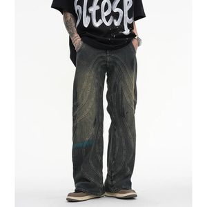 Vintage Y2K Painted Circle Striped Straight Flare Pants Men's Harajuku Streetwear Casual Baggy Jeans Oversized Denim Trousers 240127