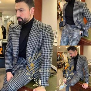 Ternos masculinos cinza houndstooth feito sob encomenda casamento para homem 2 peça fino ajuste masculino moda noivo t uxedo conjunto mais recente design de negócios 2024