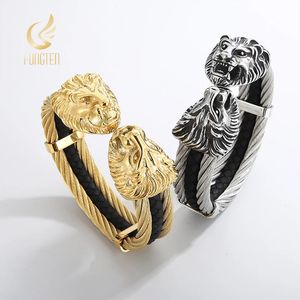 Fongten Punk Cuff Bracelet For Men Double Lion Head Stainless Steel Three Layer Twisted Cable Cool Male Bangles Bracelet Jewelry 240124