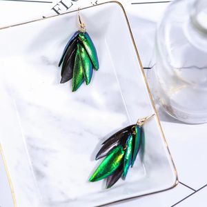 Vanssey Ethnic Fashion Jewellry Thailand Natural Beetle Wings Green Tassel Dangle Earrings Wedding Party Accessories for Women 240122