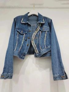 Jaquetas femininas streetwear diamante curto casual denim jaqueta y2k moda todos os jogos manga longa casaco feminino 2024 primavera outono x750