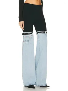 Women's Pants Chic Patchwork Wide Leg Denim Streetwea Fashion Straight Jeans Trousers Autumn 2024