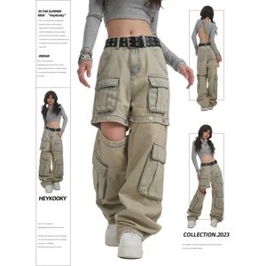 High Street Retro Casual Wide Leg Multi Pocket Loose y2k Jeans Women streetwear hiphop cargo pants korean style women sweatpants 240126