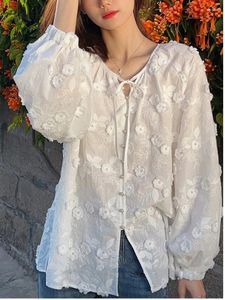 Women's Blouses Embroidery White Shirt For Women 2024 Autumn Elegant Chic Long Sleeve Oversized Office Ladies Button Up Casual Tops