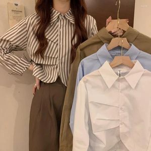 Frauen Blusen Bluse Frauen Langarm Falten Crop Tops 2024 Blusas Mujer De Moda Mode Gestreiften Lose Shirts Koreanische Casual vintage