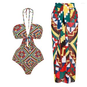 Roupa de banho feminina cortar um pedaço maiô com saia womem 2024 sem costas halter beachwear feminino maiô cobrir pareo