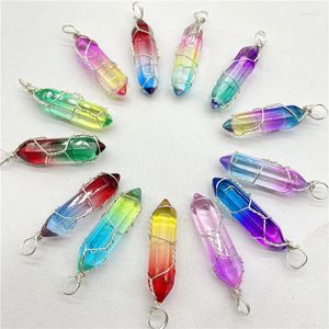 Anhänger Halsketten Natürlicher Edelstein Quarz Bunte Kristallwicklung Sechseckiges Pendel Reiki Charm DIY Schmuckherstellung 12 Stück