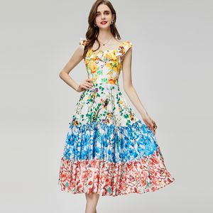 Women's Runway Dresses Scoop Neckline Floral Printed Tiered Floral High Street Fashion Designer Vestidos