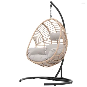 Camp Furniture Outdoor Indoor Swing Egg Chair Natural Color Wicker With Beige Cushion Easy To Assemble For Backyard Gardens