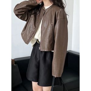 Autumn and Winter Pu Jacket Women American Retro Round Neck Zip Short Section Top Coat Jacket Street Trend Motorcykeljacka 240125