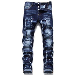 Light Luxury Men's Slimfit Patches Blue JeanShigh Quality Dot Paint Print tiggar Jeans Stylish Sexy Street Jeans 240131