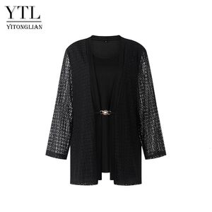 Yitonglian Fine Elegant Blouses for Women Plus Size Long Sleeve Hollow Crochet Business Causal Black Top Shirt Autumn Tunic W136 240202