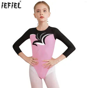 Scene Wear Kids Girls Ballet Gymnastics Leotard Figur Skating Dance Bodysuit Performance Costume Keyhole Back Long Sleeve Unitard