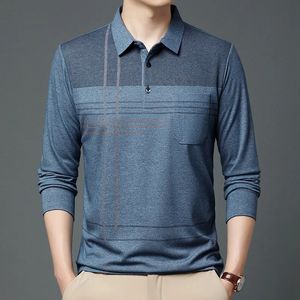 2023 Осенние футболки с длинными рукавами, мужские топы с настоящим карманом, полосатая рубашка-поло, повседневные рубашки высокого качества, сорочка Homme 240123