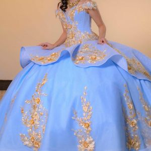 Sky Blue Shiny Quinceanera Dress Ball Ball klänning från axelapplikationerna spets tull korsett söta 15 vestidos de xv anos