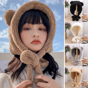 Berets Cute Bear Ear Beanies Hat Women Earmuffs Cap Fleece Crochet Bonnet Solid Color Hood Fuzzy Winter Thick Warm Scarf Caps